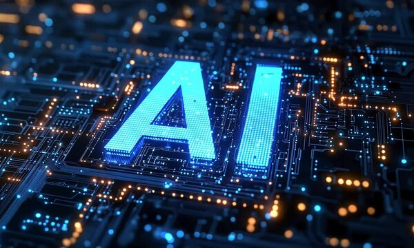 Glowing ai logo on a circuit board represents advanced machine learning, neural networks, and the transformative power of artificial intelligence
