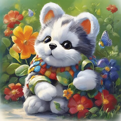 Cute fluffy kitten surrounded by colorful flowers in a vibrant garden during daylight.