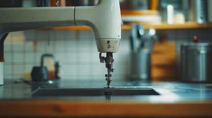 A detailed close up view of a vintage sewing machine