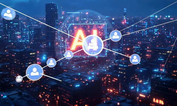Ai logo illuminating futuristic cityscape, symbolizing the transformative power of artificial intelligence in urban development