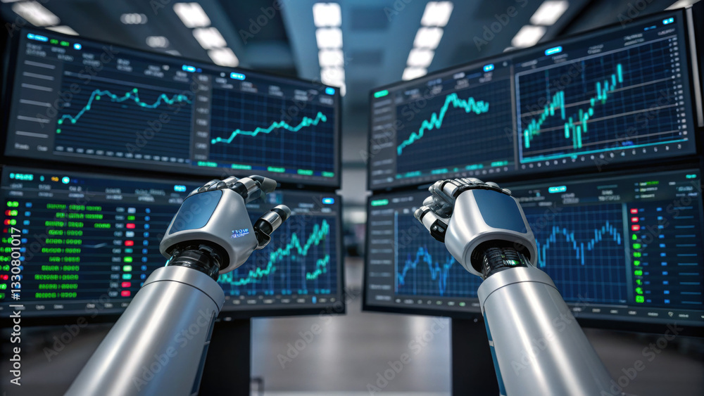 Poster stock pick finance concept. robotic hands interacting with multiple financial data screens.