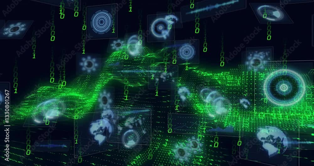 Poster digital data and binary code flowing over abstract green landscape animation