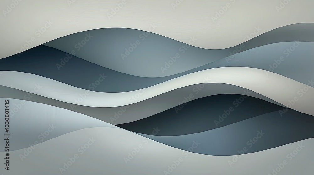 Poster abstract wavy layers in shades of grey and blue, creating a calming and elegant design.