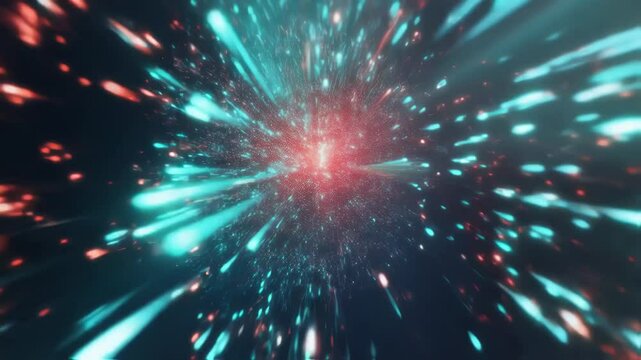 Light streaks and particles fly past the viewer, creating a sense of rapid motion through a colorful, abstract hyperspace or wormhole, with various color variations from red to turquoise