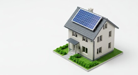 Model house with solar panel on roof in minimalist setting