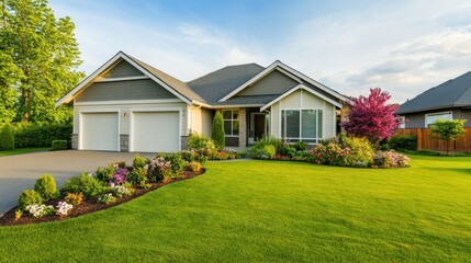 Modern Luxury Home Entrance with Clean Lines, Surrounded by Greenery, Under a Clear Blue Sky, Minimalistic and Serene Design.