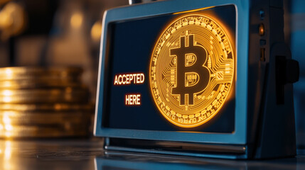 point of sale terminal displaying glowing Bitcoin symbol, indicating acceptance