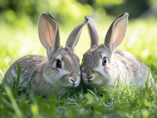 Fototapeta premium Heartwarming Free-Range Rabbits in a Lush Natural Farm Setting Captured in a Closeup, Adorable Moment of Wildlife and Rural Serenity