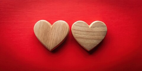 Obraz premium Two Wooden Hearts on Red Background A Symbol of Love and Affection