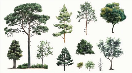 Obraz premium Collection of various tree illustrations isolated on white.