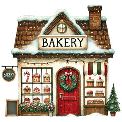 Christmas house concept. A charming bakery adorned with festive decorations and a snowy landscape, inviting customers to enjoy delicious baked goods.