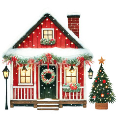 Christmas house concept. A charming red house decorated for Christmas, featuring a wreath, festive lights, a snow-covered roof, and a decorated Christmas tree.