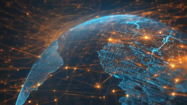Rotating planetary sphere with glowing plexus networks and vibrant orange particles visualizing global digital communication and interconnected data exchange in technological landscape