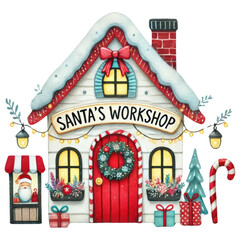 Christmas house concept. A whimsical illustration of Santa's Workshop, featuring a cozy house adorned with festive decorations, snow, and holiday elements.