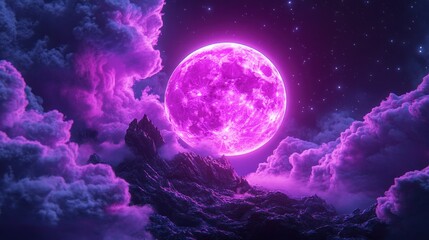 A bright pink moon illuminates the night sky above mountains and clouds