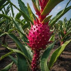 A single dragon fruit tree with vibrant red fruit.