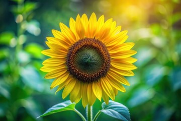 Fototapeta premium A Vibrant Single Sunflower in a Lush Green Field Basking in the Warm Golden Sunlight of a Summer Day