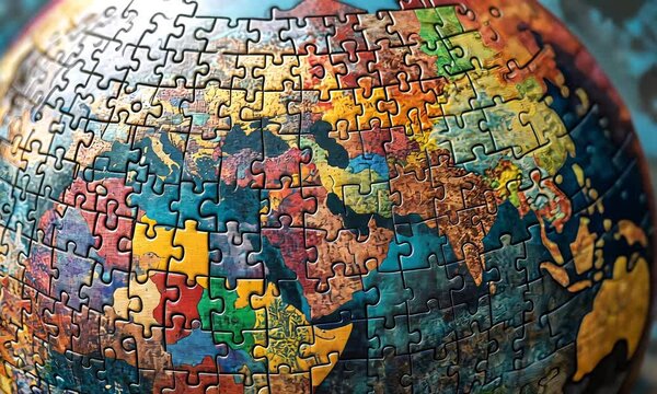 Jigsaw puzzle pieces creating a world map, highlighting global interconnectedness and problem-solving