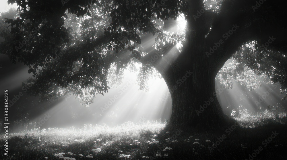 Poster a large tree in a forest with light shining through the branches