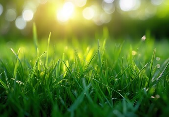Obraz premium Vibrant Green Grass Blades Glimmer in Soft Sunlight, Capturing the Essence of Nature's Beauty and Serenity in a Tranquil Outdoor Setting