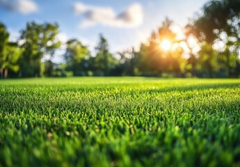 Vibrant Green Grass Field Bathed in Warm Golden Sunlight with Gentle Breeze and Lush Trees in Background During Early Morning or Late Afternoon