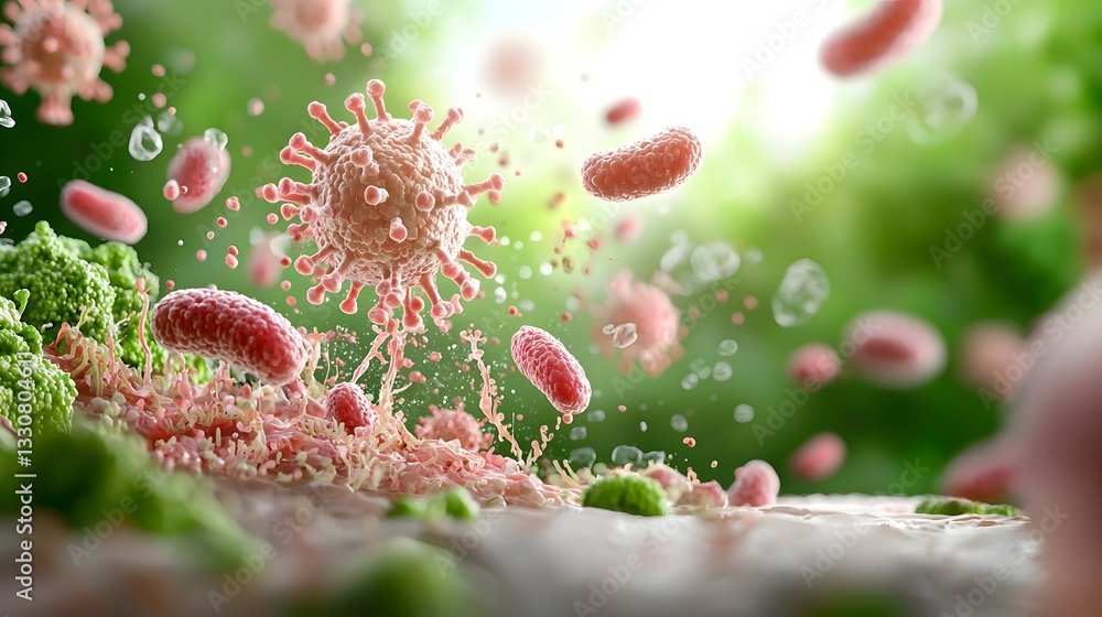 Poster sleek and simple depicting salmonella bacteria multiplying within the intestines emphasizing the inf