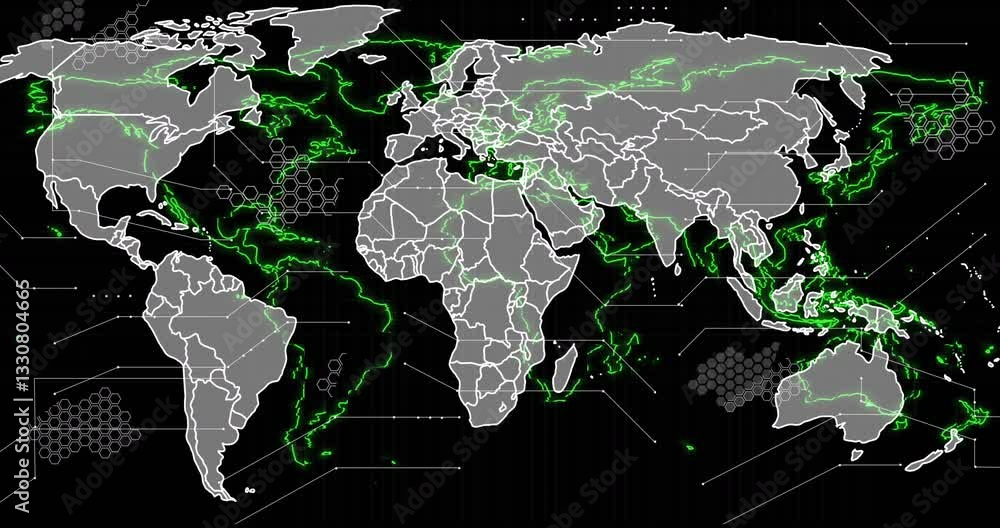 Poster animation of world map with green digital network lines and hexagonal patterns