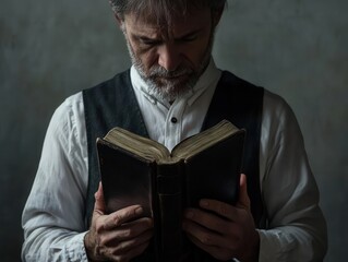 Inspiring Portrait of a Man Clutching a Sacred Holy Bible Set Against a Muted Gray Background Perfect for Thoughtful Religious and Text Overlay Projects