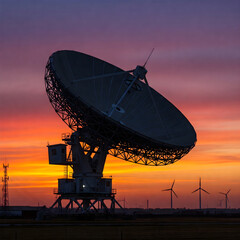 A large satellite dish glows in sunset hues, with wind turbines and communication towers in the background, highlighting technology and nature Generative AI