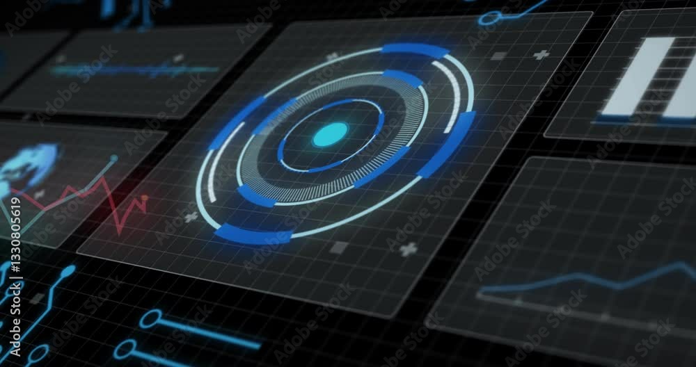 Poster animation of futuristic digital interface with circular graphics in school setting