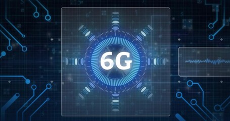 Futuristic animation of 6G technology with blue digital circular interface design - Powered by Adobe
