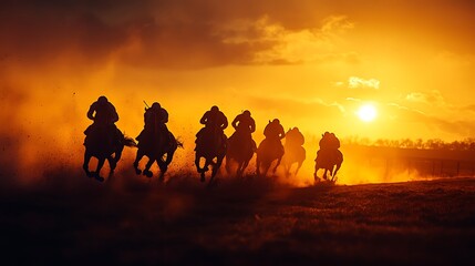 Fototapeta premium Horses Running Race at Sunset Silhouette Dramatic Equestrian Sport