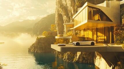 Obraz premium Cliffside modern house with car, lake, and mountain views at sunset.