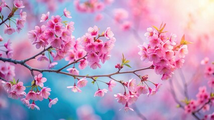 Obraz premium Delicate Pink Blossoms on a Branch, Illuminated by Soft Sunlight, Displaying a Stunning Array of Petals and Gentle Movement in a Dreamlike Setting