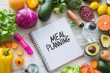 meal planning notebook surrounded by healthy foods, fitness items, and nutrition tools
