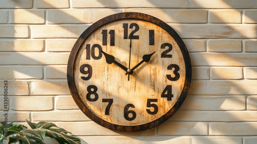 Poster an analog clock mounted on a textured brick wall is displayed