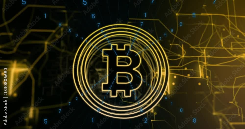 Poster animation of bitcoin symbol with digital numbers and network connections in futuristic style
