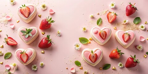 A delightful arrangement of heart-shaped strawberry mousse desserts, adorned with fresh strawberries and delicate flowers, scattered across a soft pink background.