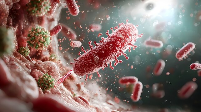 Detailed medical showcasing the Vibrio cholerae bacteria in the human intestines highlighting the production of cholera toxin leading to severe watery diarrhea