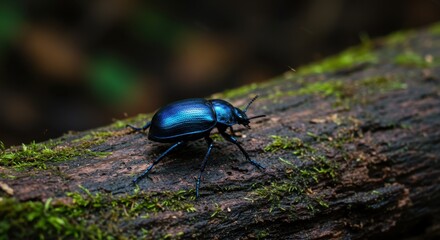 A Vibrant Blue Jewel Scarab Beetle Crawling on a Mossy Log in a Dark Forest