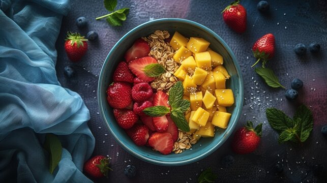 Fresh Fruit Bowl with Strawberries, Mango, and Blueberries