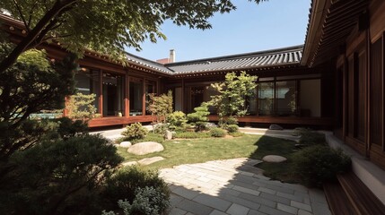 Obraz premium Traditional Korean Hanok House with Courtyard Garden