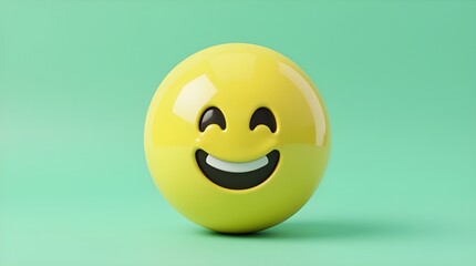 Fototapeta premium Yellow smiling emoji with a glossy finish on a teal background