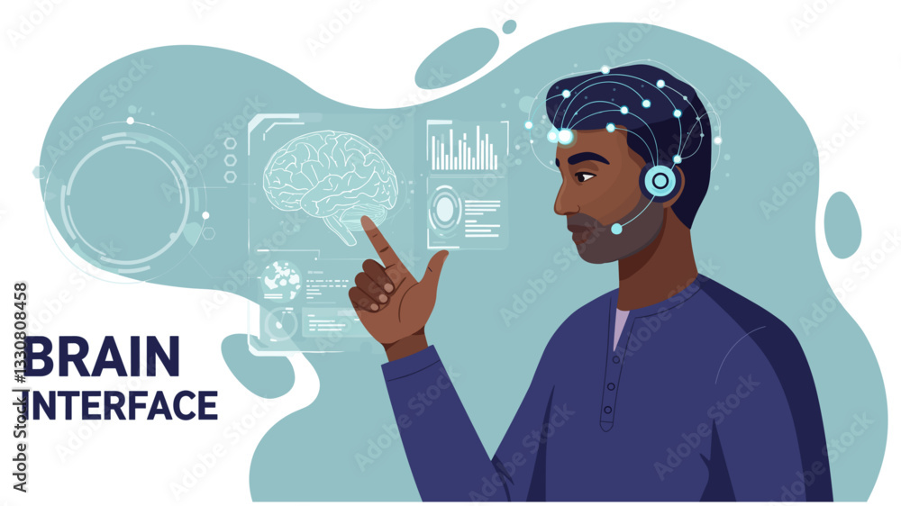 Wall mural indian man using modern technology for brain interface programming. minimalist flat design illustrat