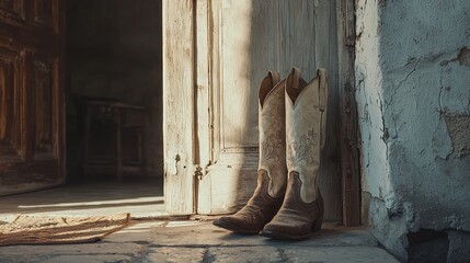 Cowboy boots rest by an old weathered door.