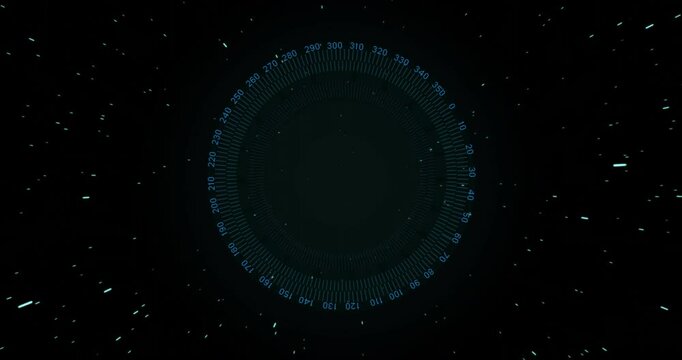Animation of rotating digital compass with glowing radial lines on dark background