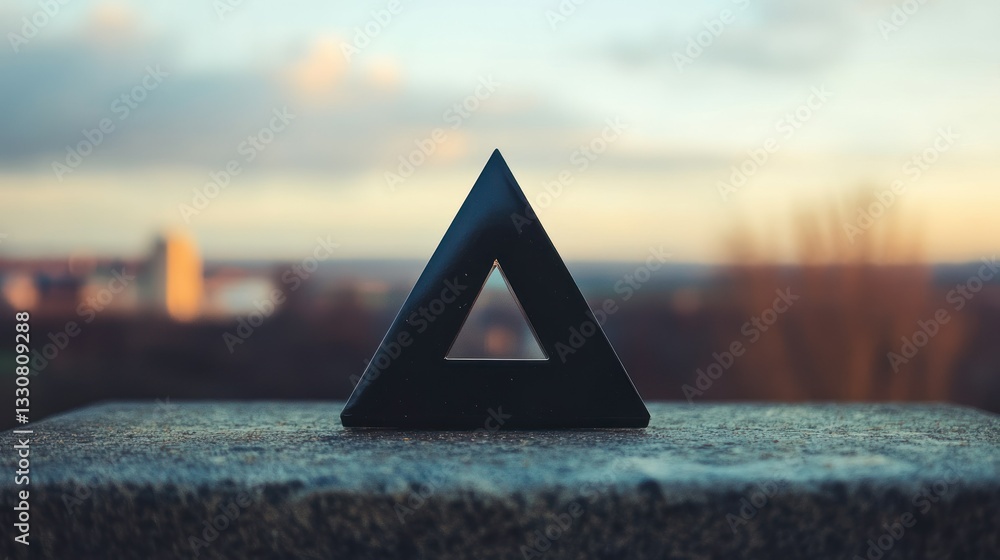 Aufkleber a dark triangular shape sits on a textured stone surface