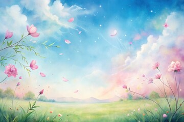 Whimsical pastel landscape featuring delicate blossoms and petals gently floating on a tranquil breeze against a dreamy sky