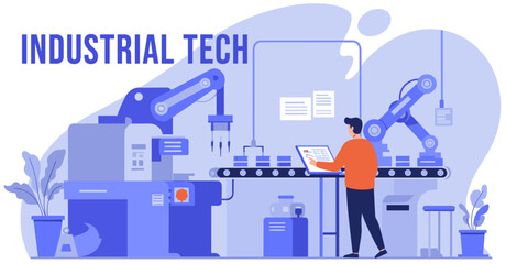 Industrial advanced technology with working on modern new machine in factory. Minimalist flat style vector