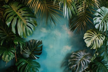 Lush green tropical leaves against a textured teal wall background
